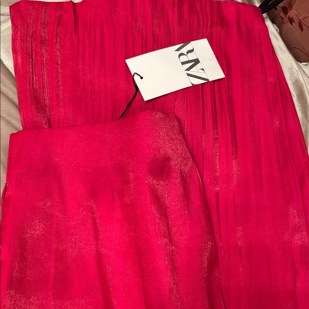 Zara metallic sheen crinkle effect lightweight wide-leg pink pants trousers sz.S - Picture 11 of 16